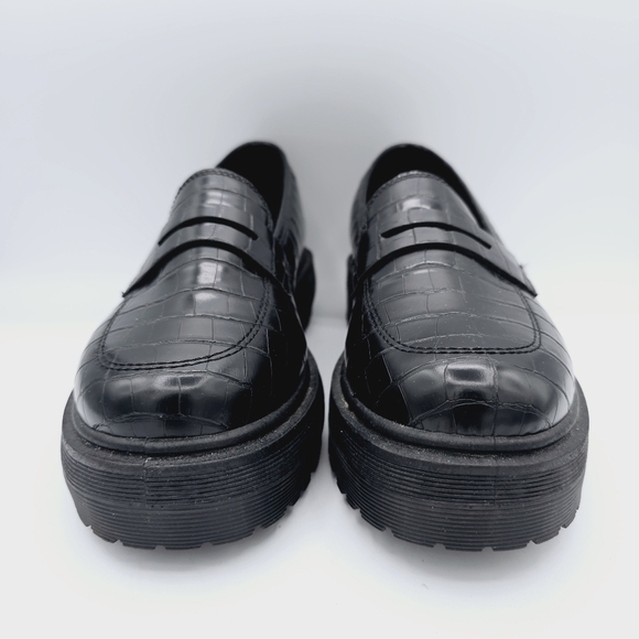 Lulus Maysie Black Crocodile Embossed Flatform Loafers Chunky Academia - Picture 4 of 12